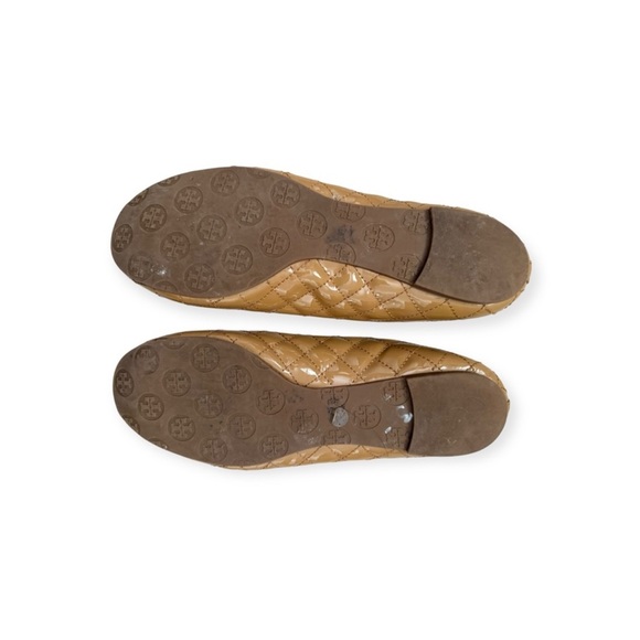 Tory Burch Quilted Tan Leather Logo Ballet Flats with Gold Emblem - Picture 2 of 4